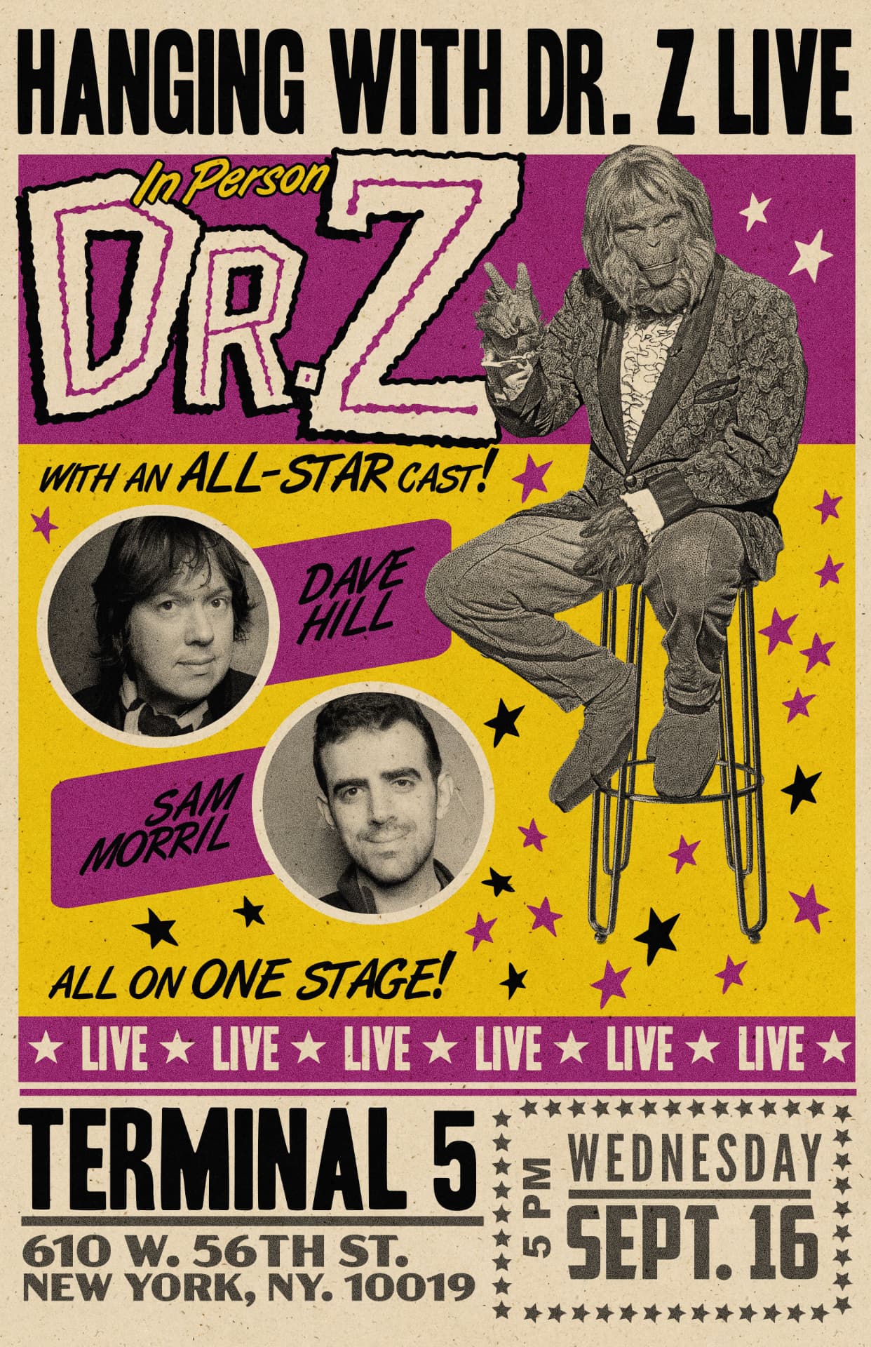 Hanging With Dr. Z Live at Terminal 5 poster featuring Dave Hill and Sam Morril